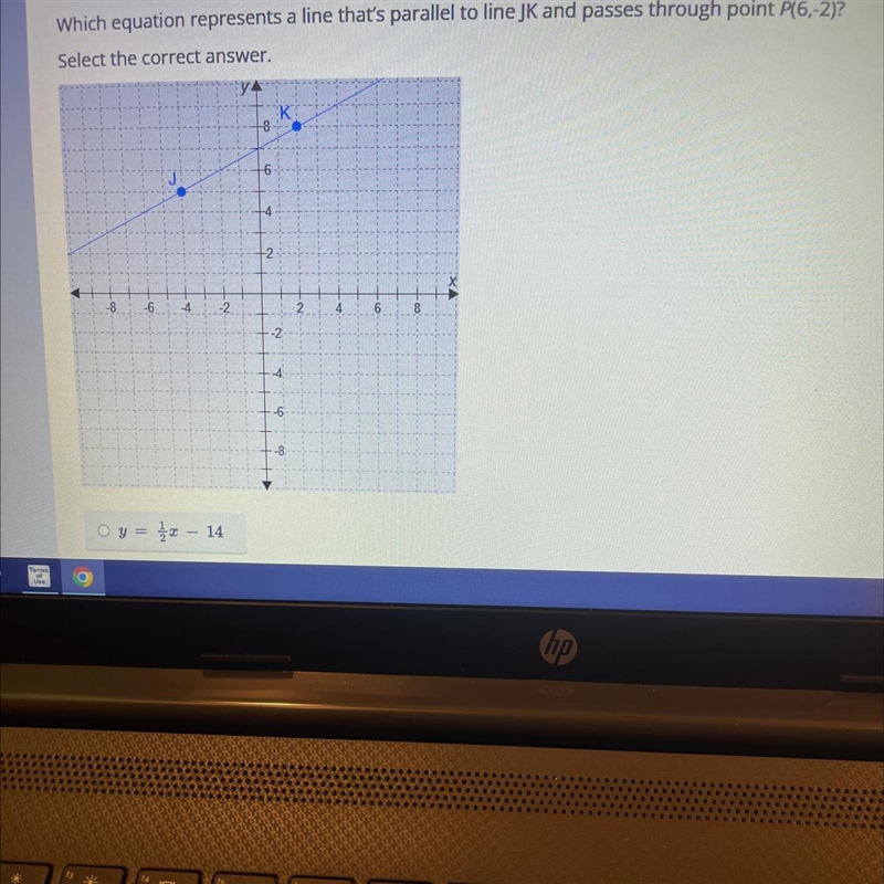 A. y= 1/2x-14 B. y=1/2x-5 C. y=2x-14 D. y=2x-5-example-1