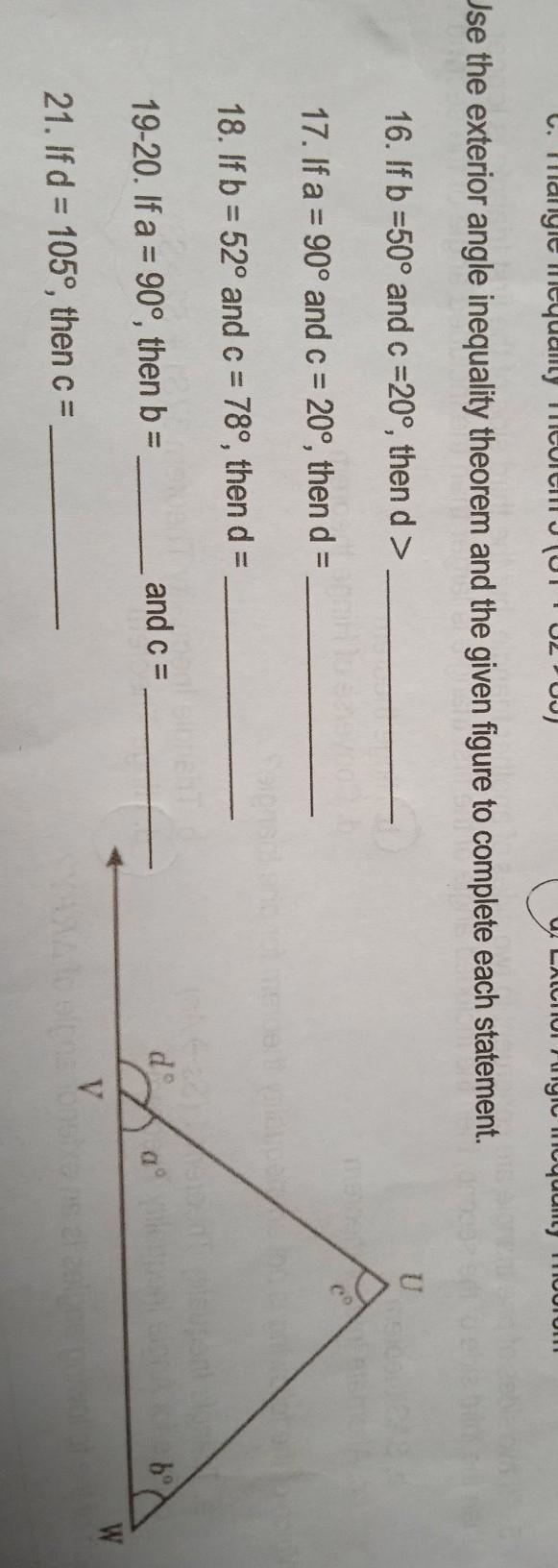 Use the exterior angle inequality theorem and the given figure to complete each statement-example-1