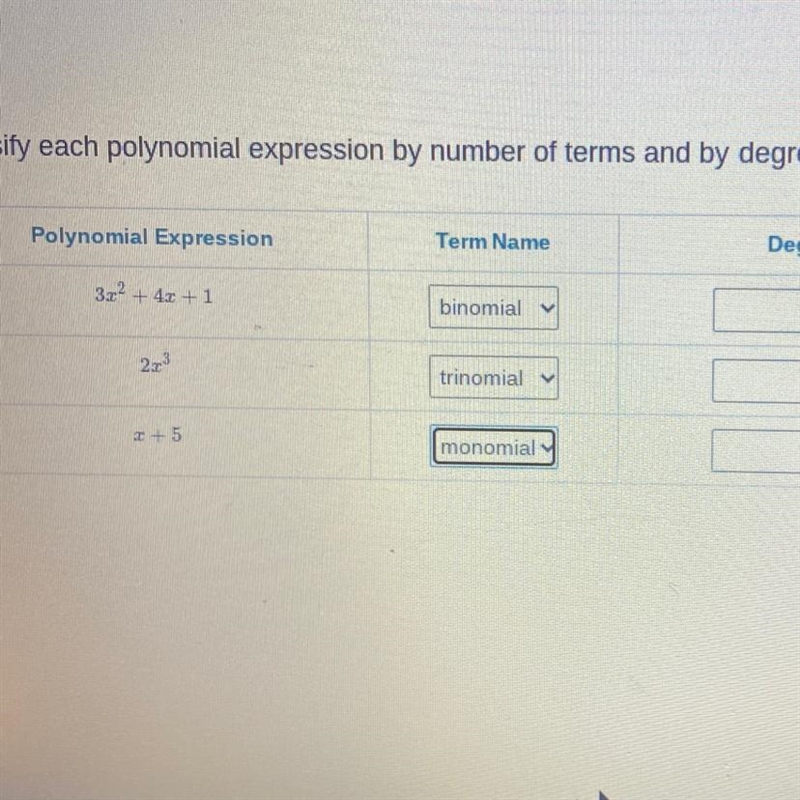 Classify each polynomial expression by number of terms and by degree. Identify the-example-1