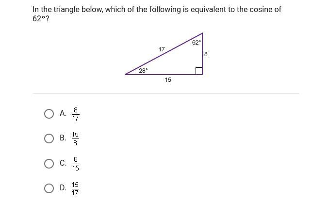 In the triangle below, what is the cosine of 62 degrees?-example-1