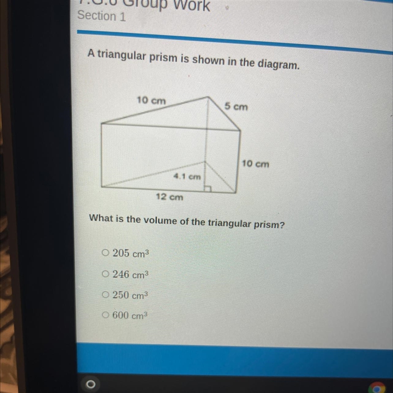 A triangular prism is shown in the diagram. 10 cm 5 cm 10 cm 4.1 cm 12 cm What is-example-1