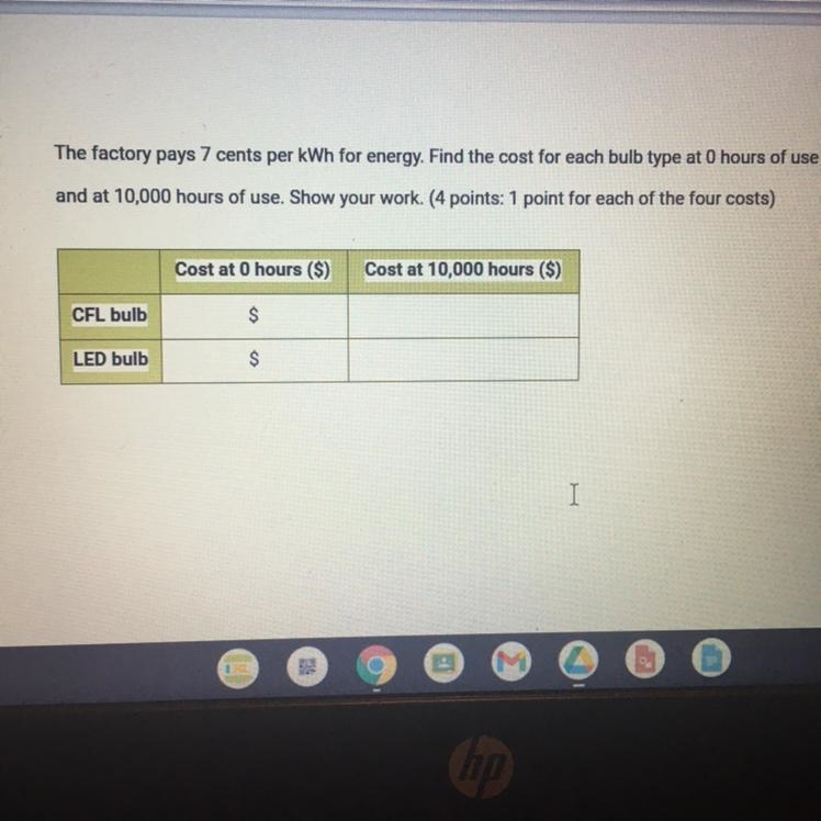 The factory pays 7 cents per kWh for energy. Find the cost for each bulb type at 0 hours-example-1