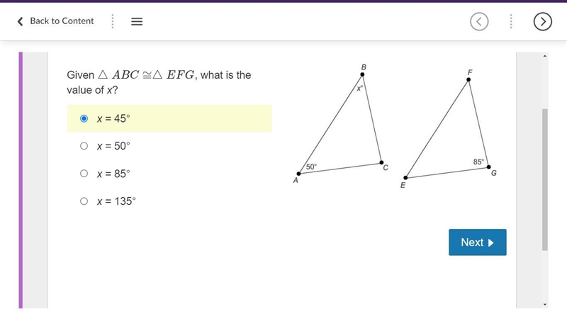 Given △ABC≅△EFG, what is the value of x?-example-1