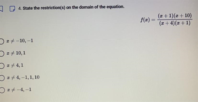 State the restrictions on the domain of the equation.-example-1