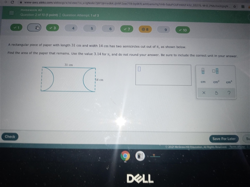 A rectangular plece of paper with length 31 cm and width 14 cm has two semicircles-example-1