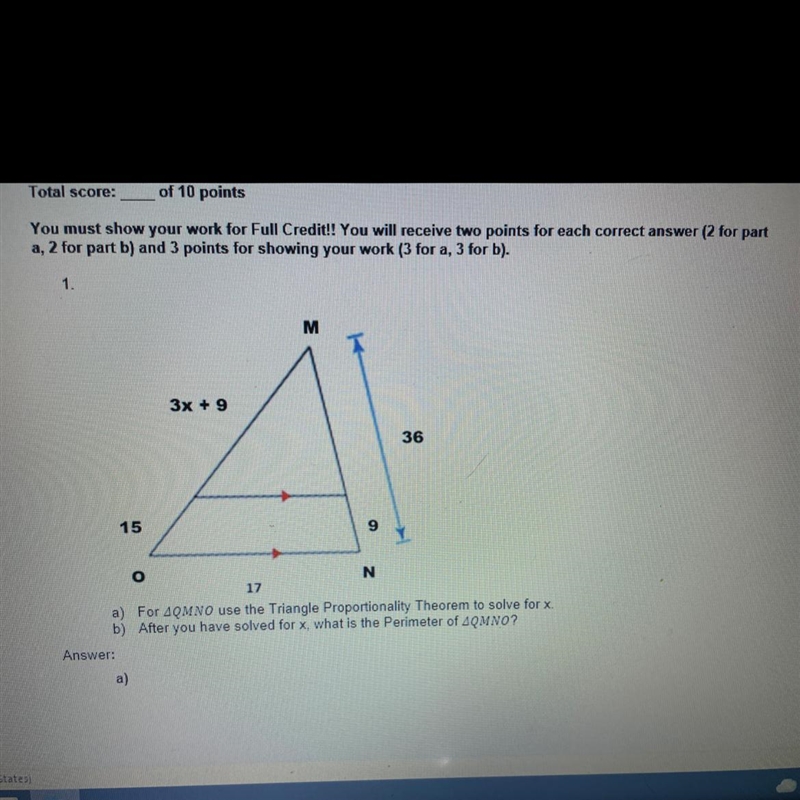 A) For AQMNO use the Triangle Proportionality Theorem to solve for x. OMN-example-1