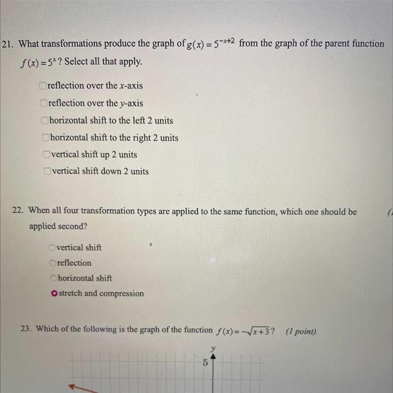 What transformations produce the graph of g(x)=5^-x+2 from the graph of the parent-example-1