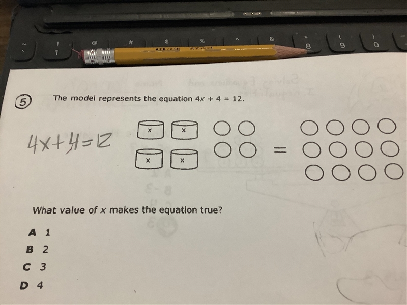 The model represents the equation 4x+ 4 = 12 What value of x makes the equation true-example-1