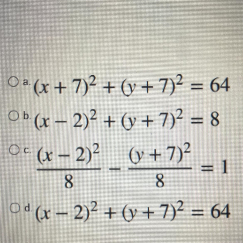 GEOMETRY) What is the equation of a circle having radius 8 and center (2,-7)? (Picture-example-1