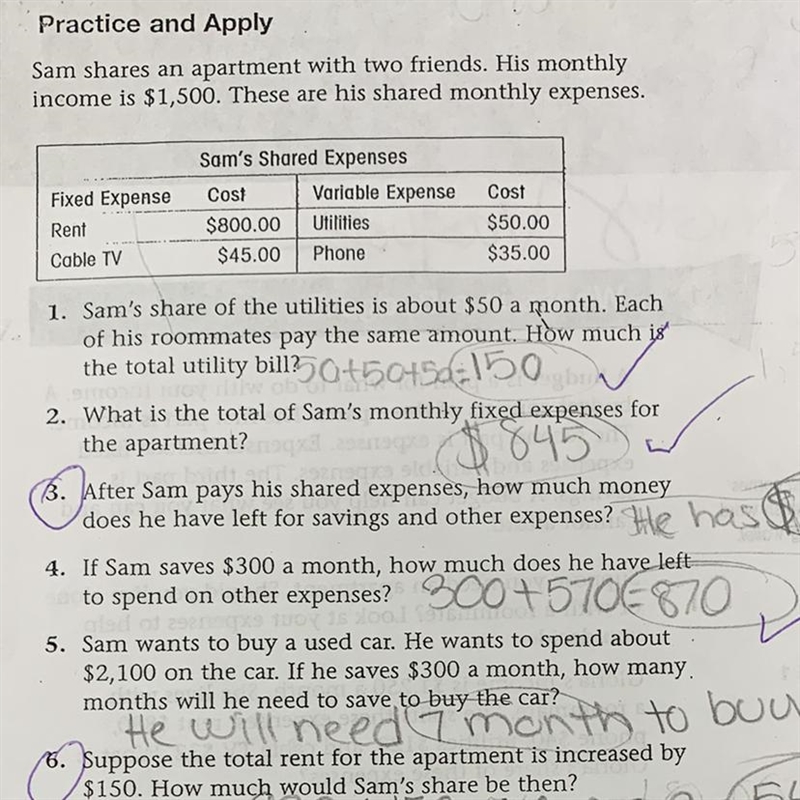 Suppose the total rent for the apartment is increased by $150. How much would Sam-example-1