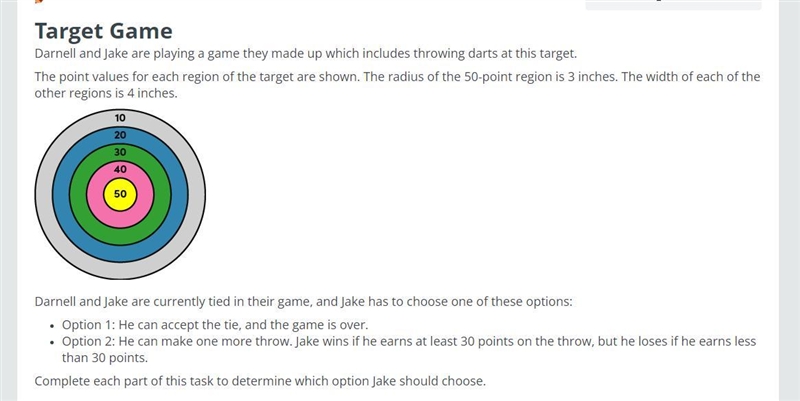 Part B What is the area of the target that earns at least 30 points on a throw? Select-example-1