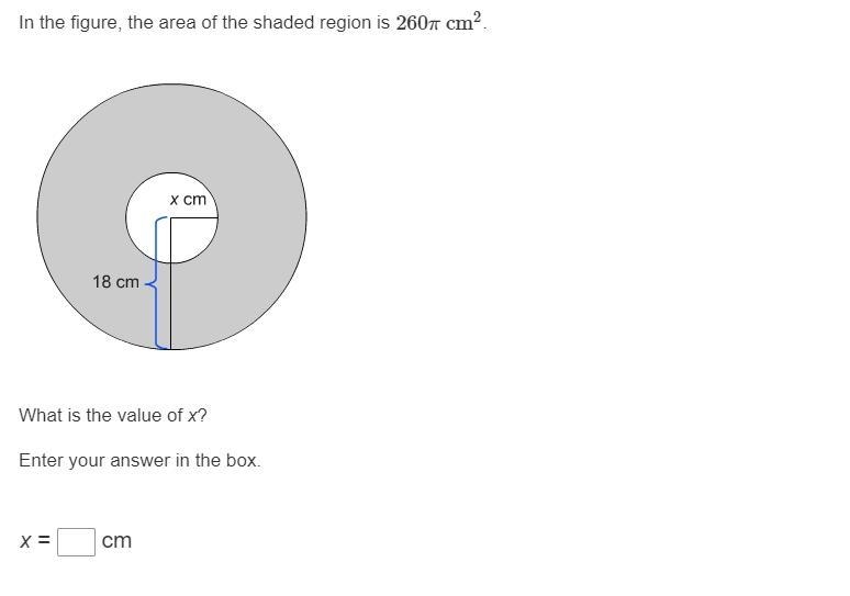 Please help:In the figure, the area of the shaded region is 260π cm^2. Circle centered-example-1