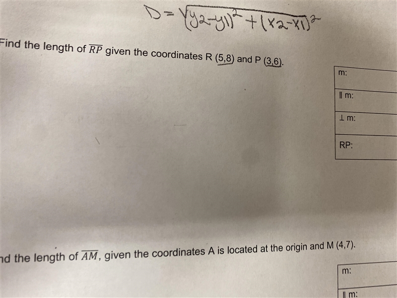 Find the length of RP given the coordinates R (5,8) and P (3,6).m:Il m:Im:RP:-example-1