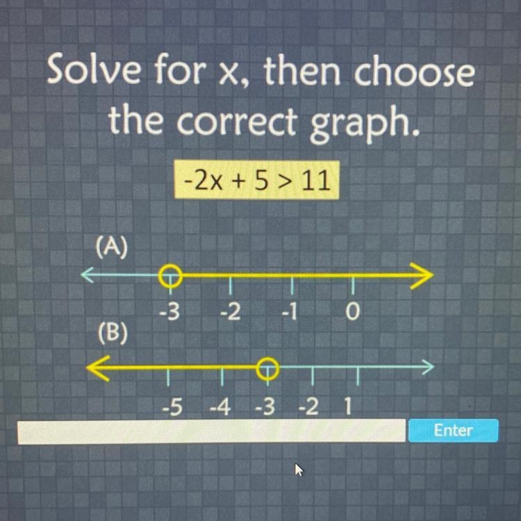 Solve for x, then choose the correct graph. -2x + 5 > 11 (A) o -3 -2 o (B) -5 -4 -3 -2 1-example-1