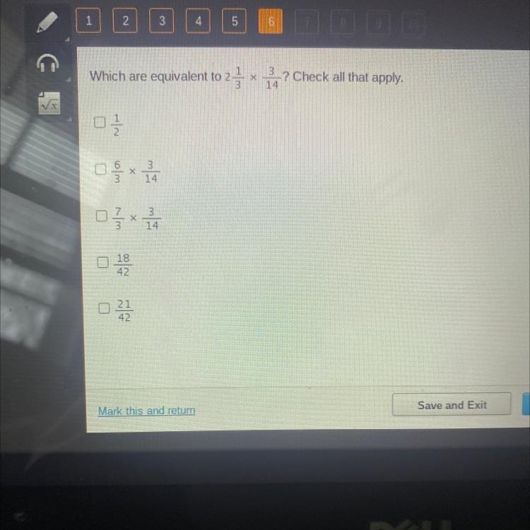 Which are equivalent to 2 1/3 x 3/14 .? Check all that apply.-example-1