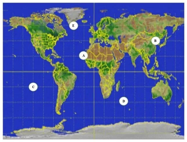 Instruction: Each box on this Map is 20 Degrees. Identify the absolute locations of-example-1