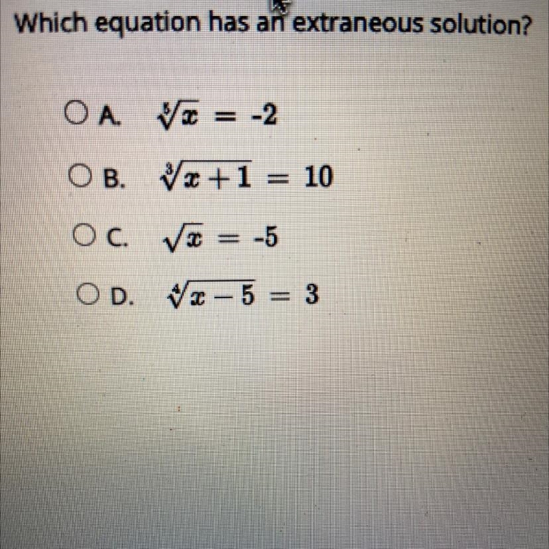 Which equation has an extraneous solution?-example-1