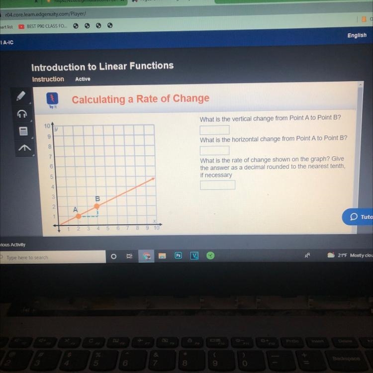 What is the vertical change from Point A to Point B? 10 y 9 OD What is the horizontal-example-1