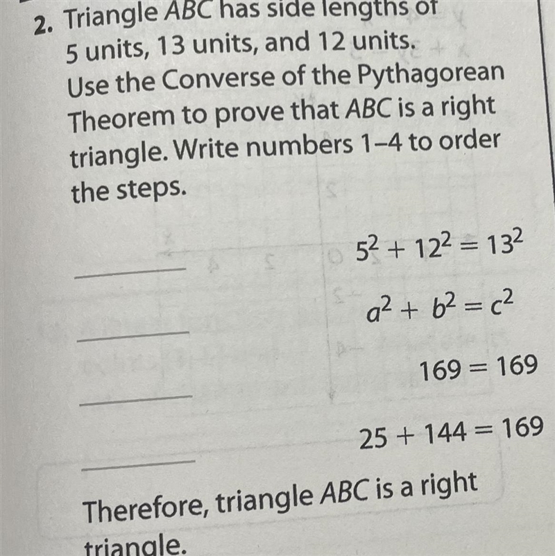 2. Triangle ABC has side lengths of 5 units, 13 units, and 12 units. Use the Converse-example-1