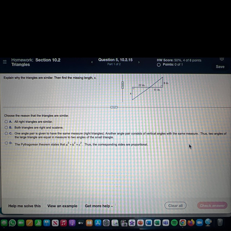 Explain why the triangles are similar. Then find the missing length, x. Choose the-example-1