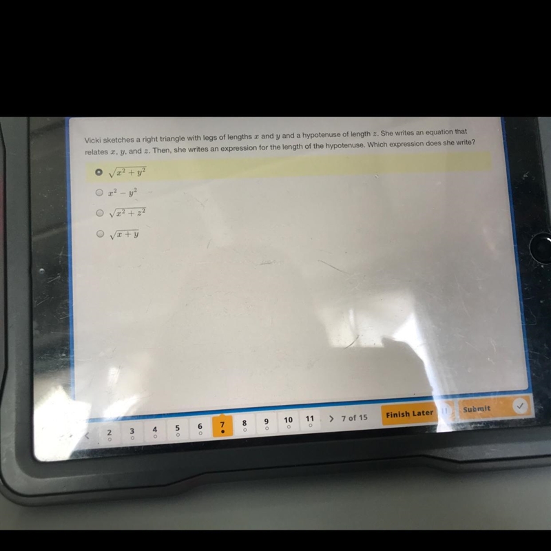 "Ready Vicki sketches a right triangle with legs of lengths x and y and a hypotenuse-example-1