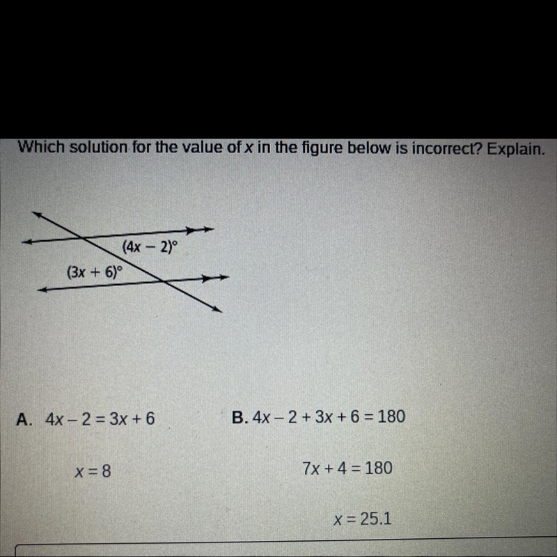 80ptssss!!!Which solution for the value of x in the figure below is incorrect? Explain-example-1