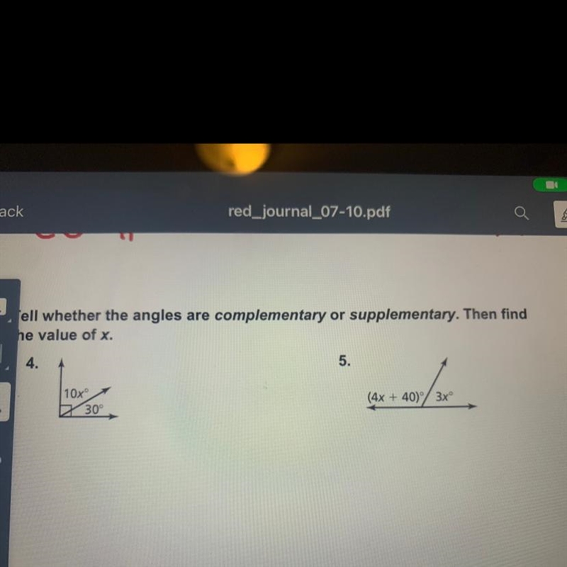 tell wether the angles are complementary or supplementary. then find the value of-example-1