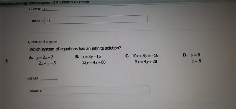 Which system of equations has an infinite solution? Ay=2x-7 B. x=3y +15 2r+y=5 12 y-example-1