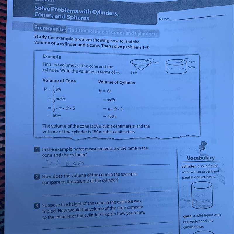 How does the volume of the cone in the example compare to the volume of the cylinder-example-1