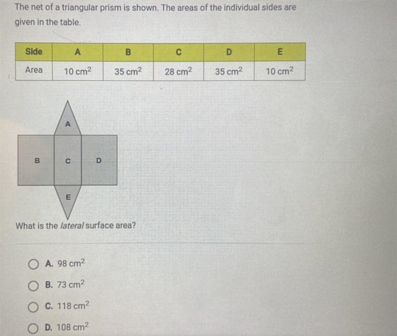 The net of a triangular prism is shown. The areas of the individual sides aregiven-example-1