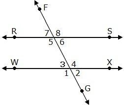 Lines RS and WX are parallel. If 4 measures 96°, what is the measure of 8? A. 94° B-example-1