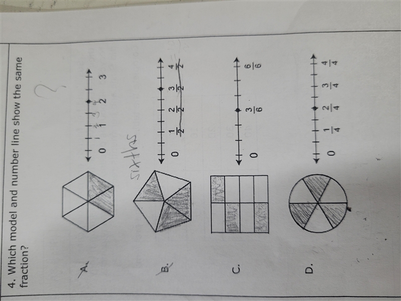 Which model and number line show the same fraction? Answer and explain why-example-1