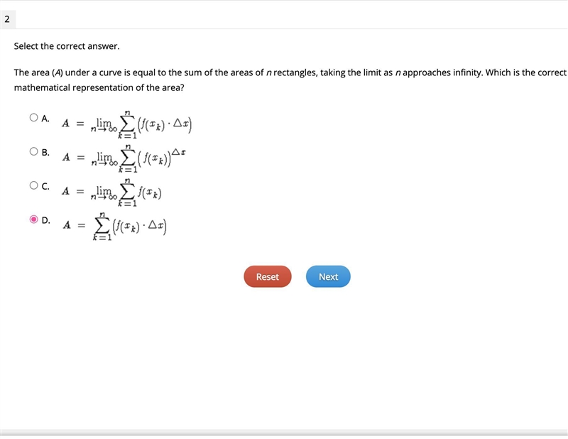 The area (A) under a curve is equal to the sum of the areas of n rectangles, taking-example-1