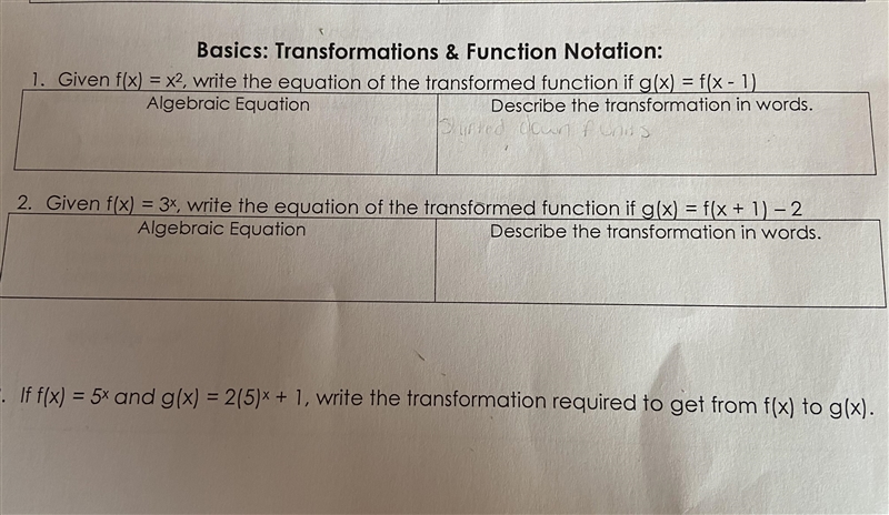 Given f(x)=x^2, write the equation of the transformed function if g(x)=f(x-1)-example-1