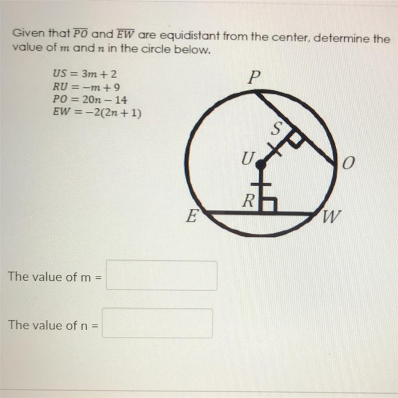 Given that PO and EW are equidistant from the center, determine thevalue of m and-example-1