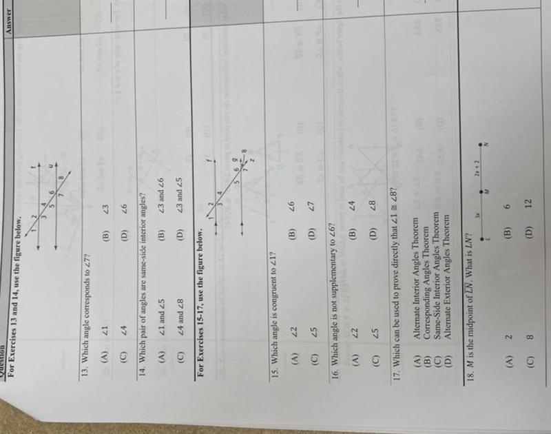 13. Which angle corresponds to <7? 14. Which pair of angles are same-side interior-example-1