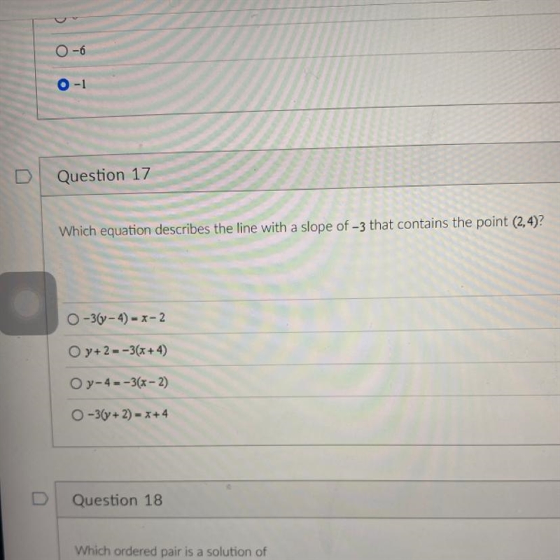 Which equation describes the line with a slope of -3 that contains the point (2,4)?-example-1