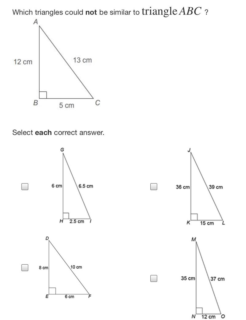 Which triangles could not be similar to triangle ABC?-example-1