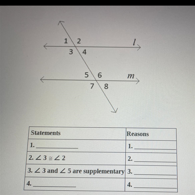 Complete the two column proof Given angle to an angle five are supplementary Prove-example-1