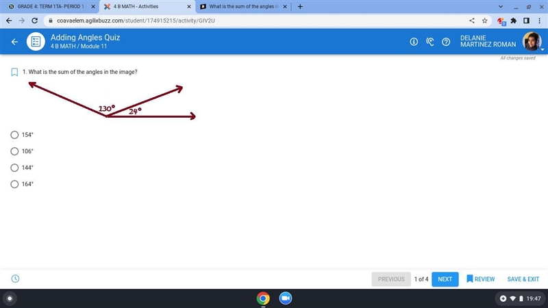 What is the sum of the angles in the image? 154° 106° 144° 164°-example-1