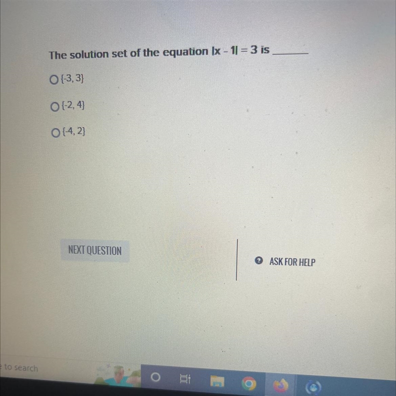 The solution set of the equation lx - 1| = 3 is [-3,3} {-2,4} {-4,2}-example-1