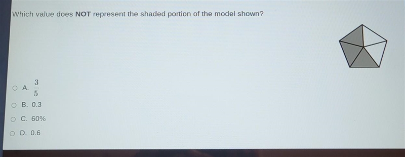 Which value does NOT represent the shaded portion of the model shown? A 3/5 B. 0.3 C-example-1