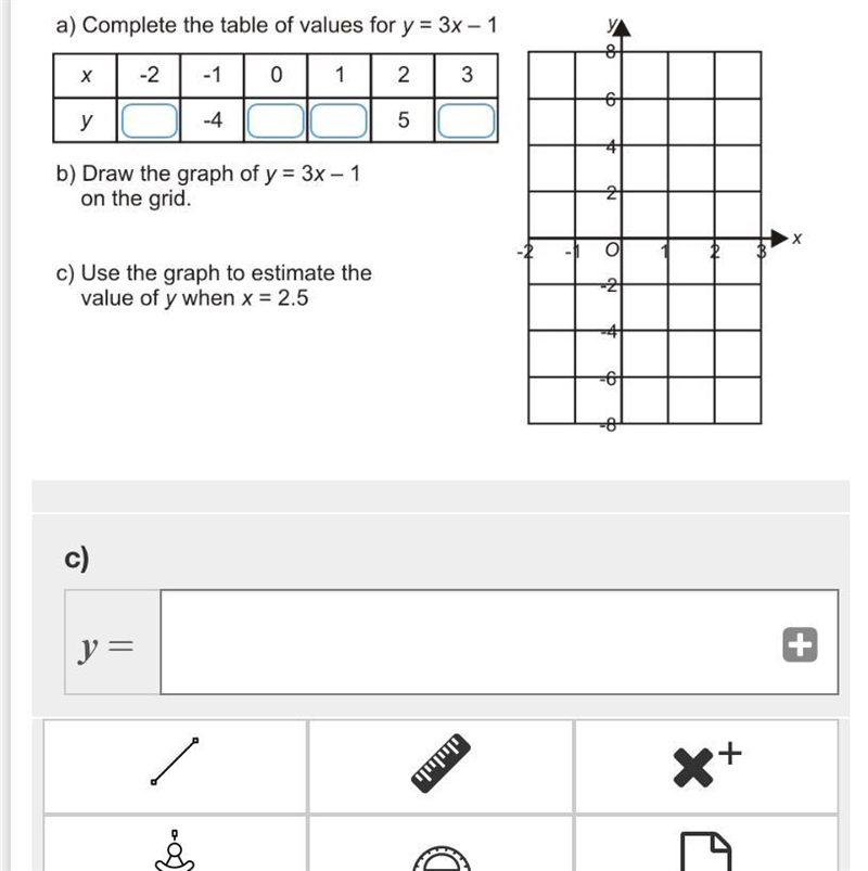 Complete the tables of values for y = 3x - 1. ALSO Please answer all the questions-example-1