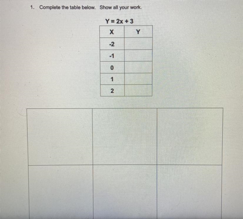 Complete the table below. Show all your work. Y = 2x + 3-example-1