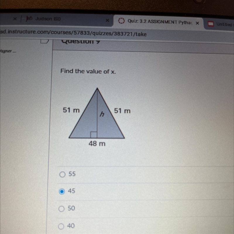 Find the value of x. 51 m h 48 m 51 m-example-1