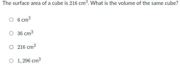 The surface area of a cube is 216 cm3. What is the volume of the same cube?-example-1