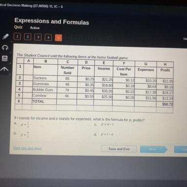 If i stands for income and e stands for expenses, what is the formula for p, profits-example-1