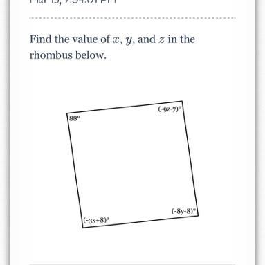 Find the value of x, y, z in the rhombus below-example-1