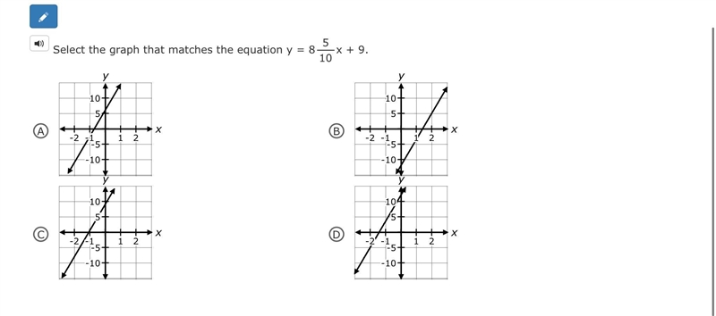 Select the graph that matches the equation y = 8 5 10 x + 9.-example-1