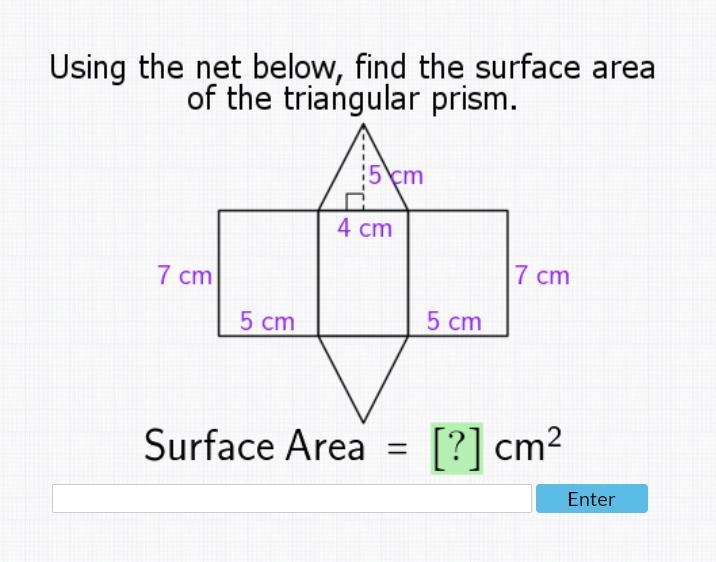 Using the net below, find the surface area of the triangular prism.-example-1